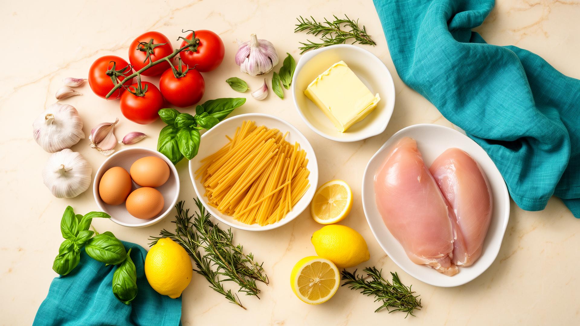Fresh ingredients laid out on marble β tomatoes, garlic, pasta, eggs, herbs, chicken
